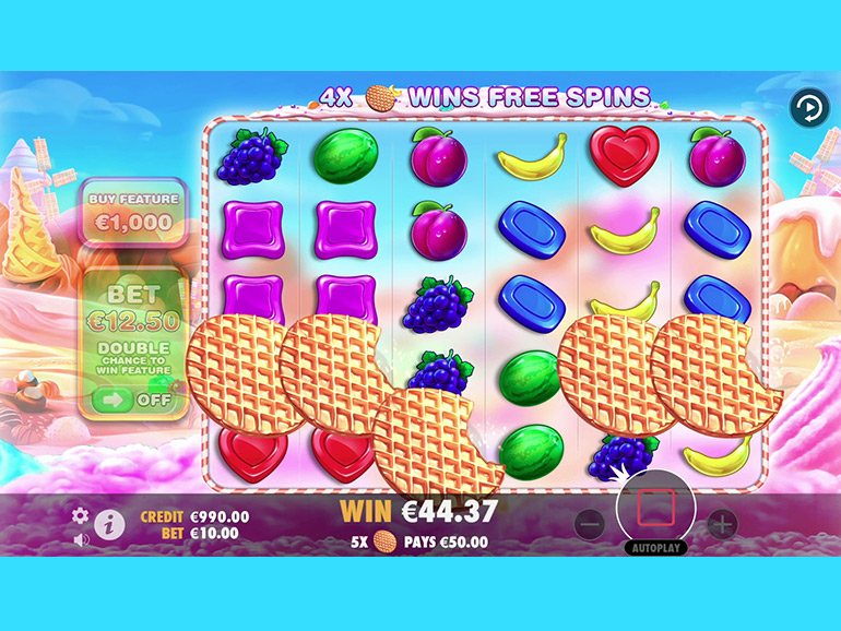 Captura de pantalla de Sweet Bonanza en Betfair mostrando símbolos de frutas y multiplicadores