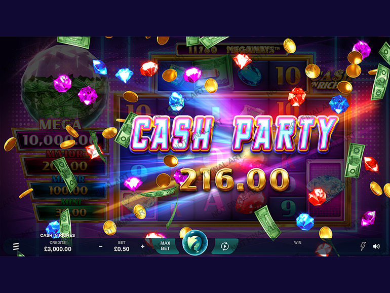 Screenshot of a Cash N Riches slot machine game from the Mega Riches portfolio