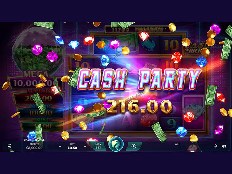 Screenshot of a Cash N Riches slot machine game from the Mega Riches portfolio
