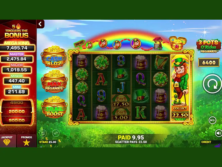 Pots of Riches Megaways slot game screenshot with gold pots and gems